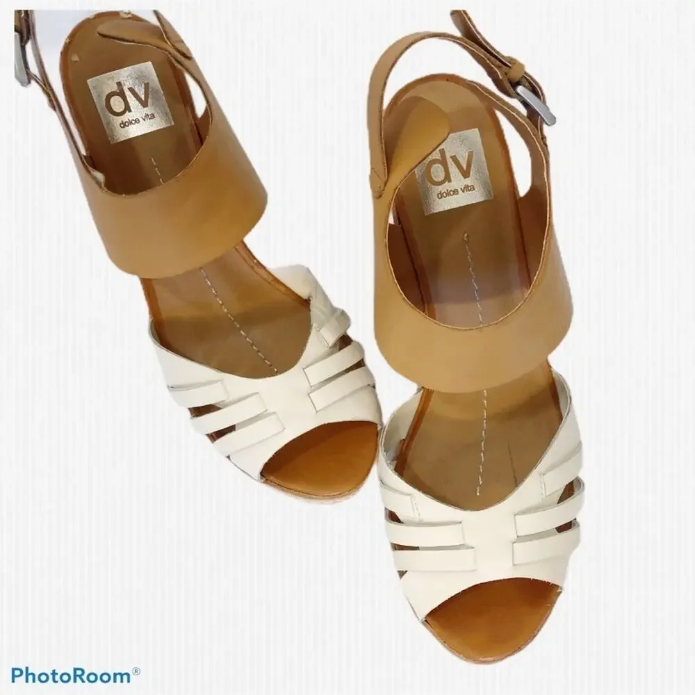 Dolce Vita White Tan Leather Cork Wedge Sandals 9.5